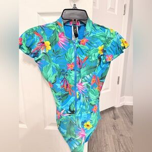 Vibrant Floral Zip-Front One Piece Swimsuit